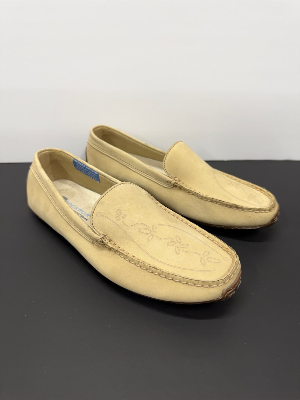 Rockport Women's Beige Slip-On Loafers with Floral Stitch Detail